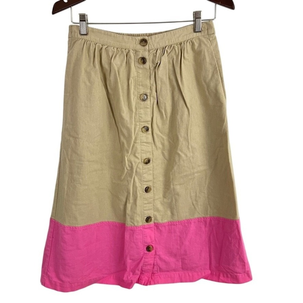 J. Crew Factory Colorblock Midi Skirt Tan Pink Size Small Linen Blend Tan Pink